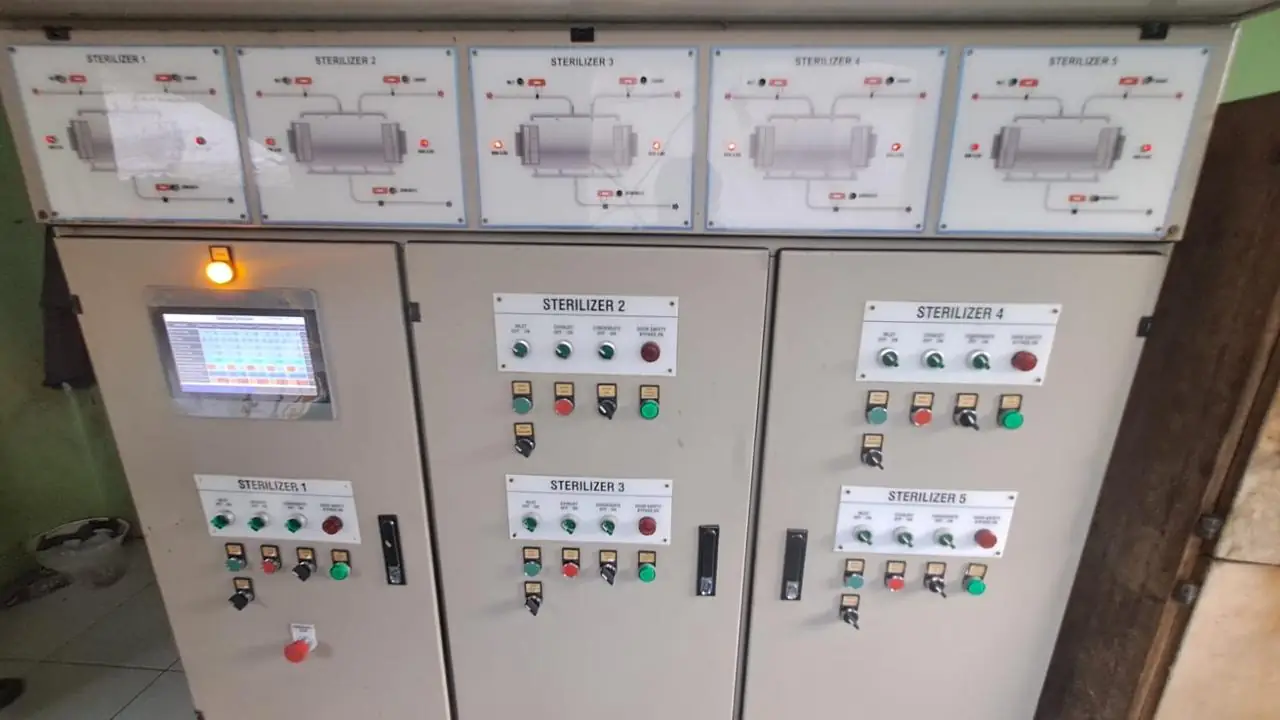Control cabinet for five sterilizers with mimic diagrams, HMI and push buttons