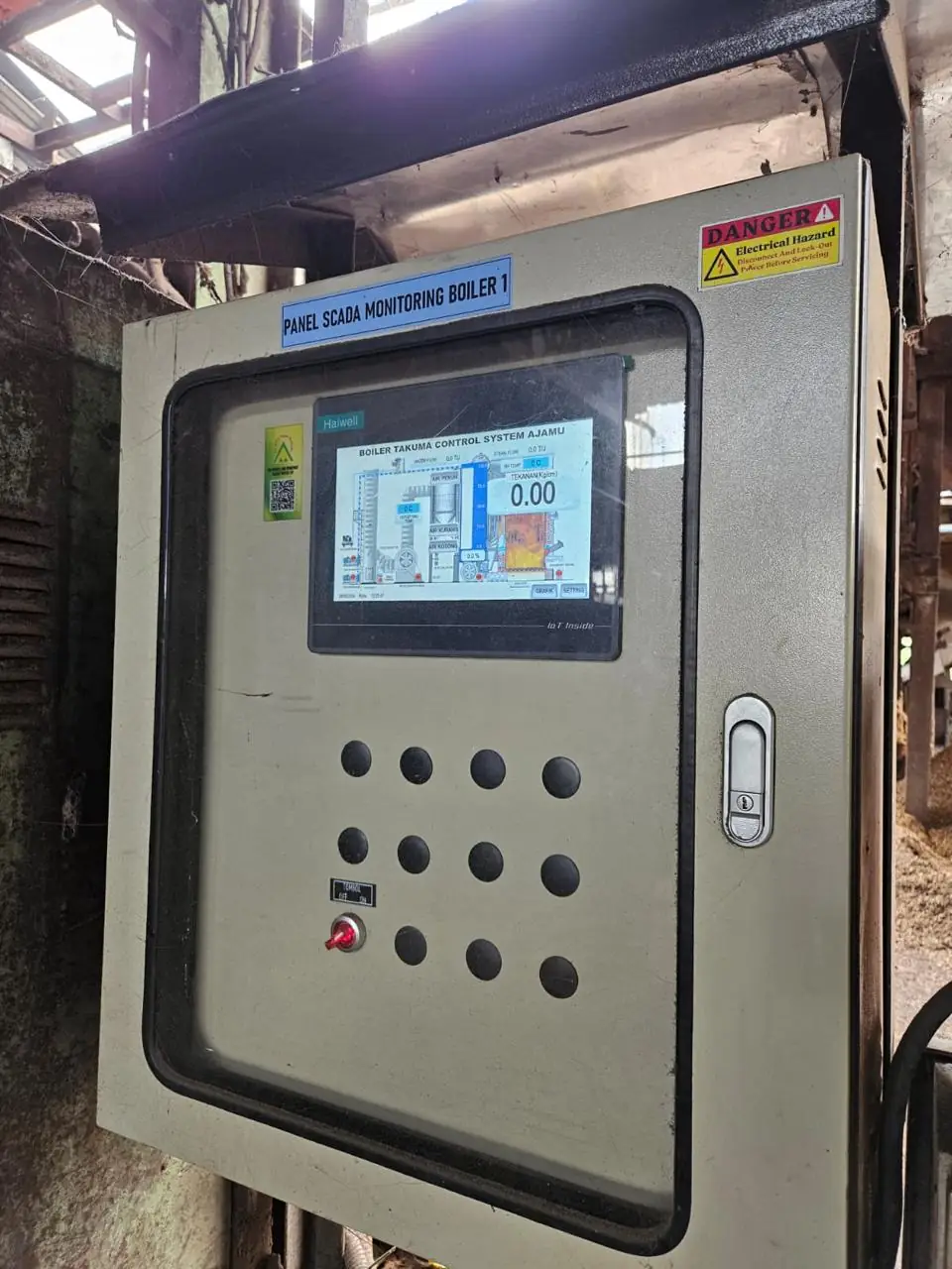 SCADA monitoring panel for boiler 1 showing the boiler control screen
